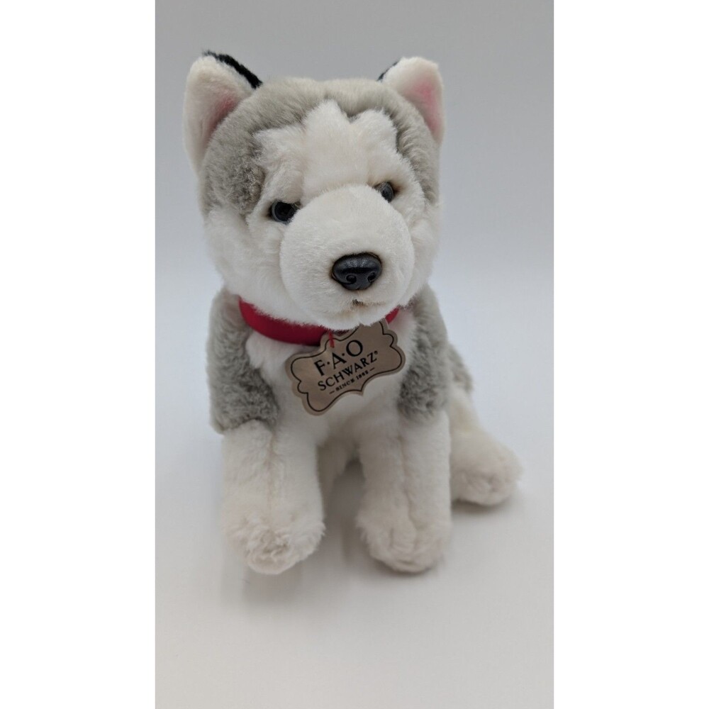 FAO Schwarz SIBERIAN HUSKY Wolf Puppy Dog 10" Plush Red Collar 2018 Toy Blue Eye